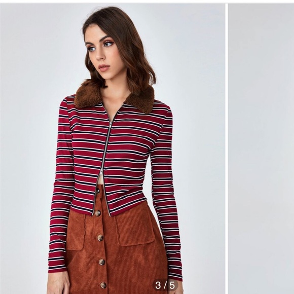 Womens Small Striped Print Zip Up T-Shirt red black white - Picture 4 of 12